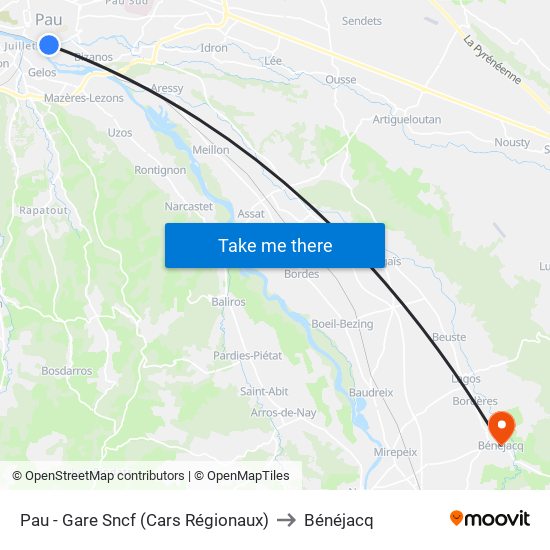 Pau - Gare Sncf (Cars Régionaux) to Bénéjacq map
