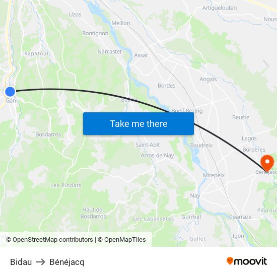 Bidau to Bénéjacq map