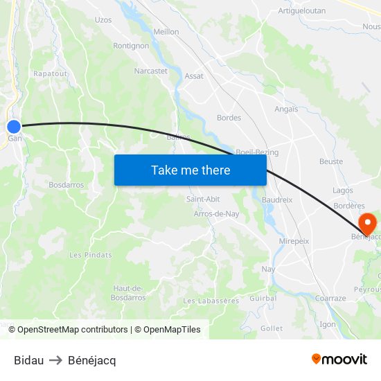 Bidau to Bénéjacq map