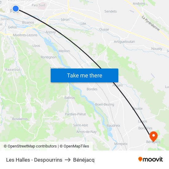 Les Halles - Despourrins to Bénéjacq map