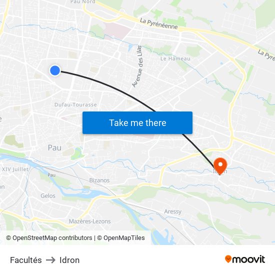 Facultés to Idron map
