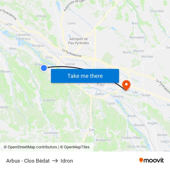 Arbus - Clos Bédat to Idron map