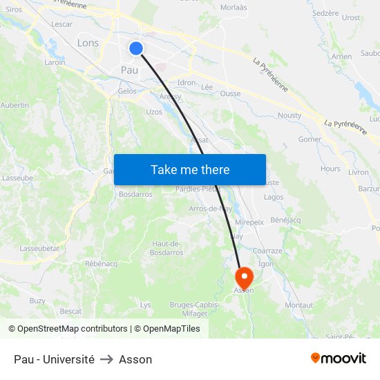 Pau - Université to Asson map