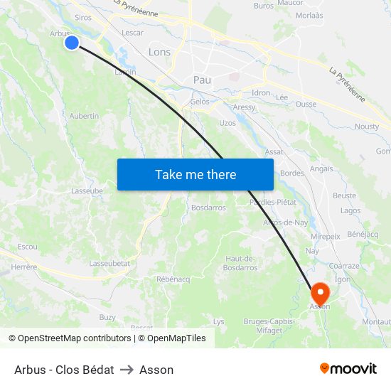 Arbus - Clos Bédat to Asson map