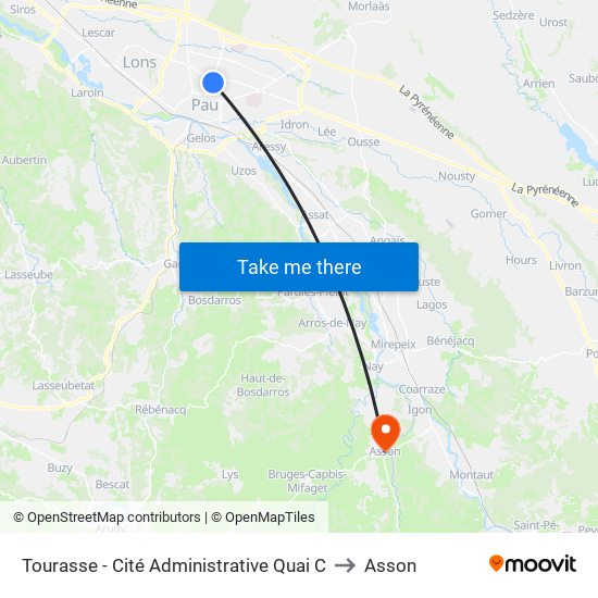 Tourasse - Cité Administrative Quai C to Asson map