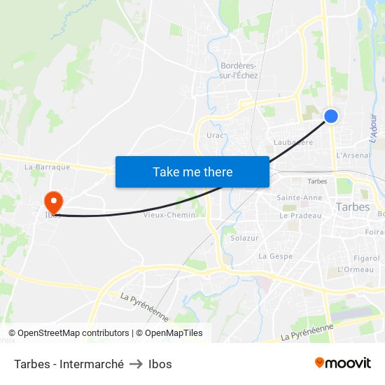 Tarbes - Intermarché to Ibos map
