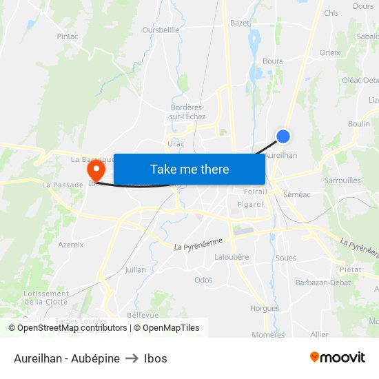 Aureilhan - Aubépine to Ibos map