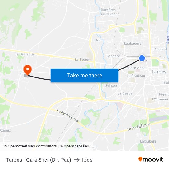 Tarbes - Gare Sncf (Dir. Pau) to Ibos map