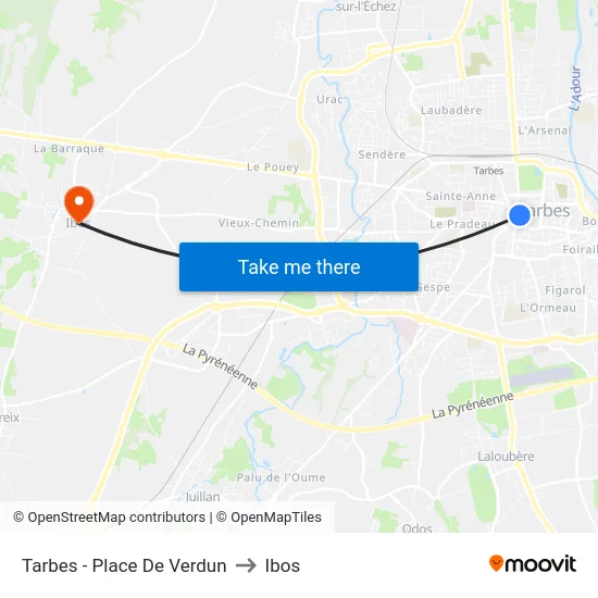 Tarbes - Place De Verdun to Ibos map