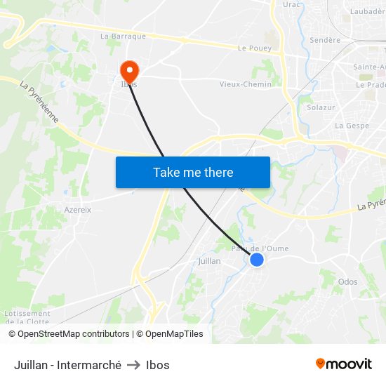 Juillan - Intermarché to Ibos map