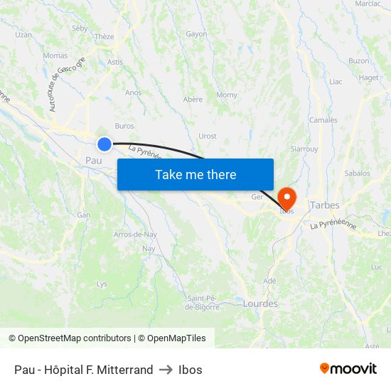 Pau - Hôpital F. Mitterrand to Ibos map