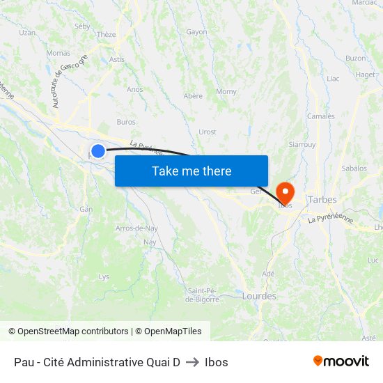 Pau - Cité Administrative Quai D to Ibos map