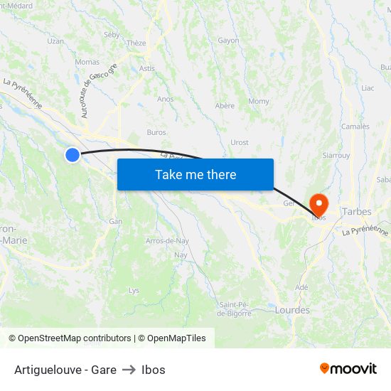 Artiguelouve - Gare to Ibos map