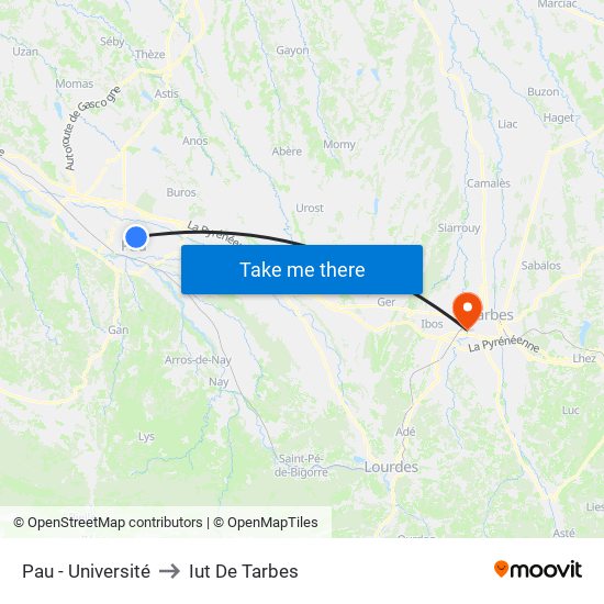 Pau - Université to Iut De Tarbes map