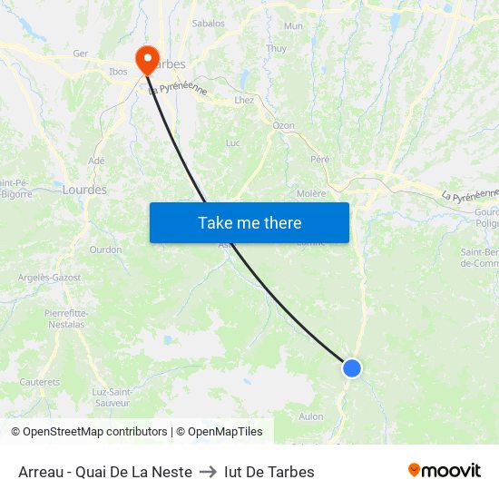 Arreau - Quai De La Neste to Iut De Tarbes map