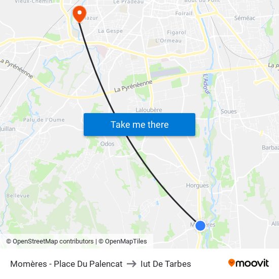 Momères - Place Du Palencat to Iut De Tarbes map