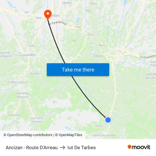 Ancizan - Route D'Arreau to Iut De Tarbes map