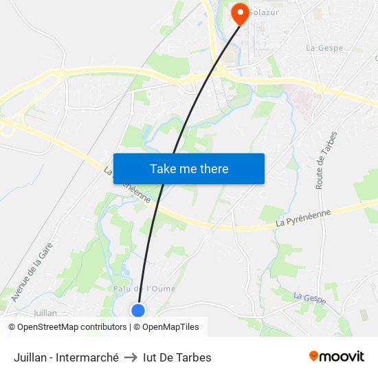 Juillan - Intermarché to Iut De Tarbes map