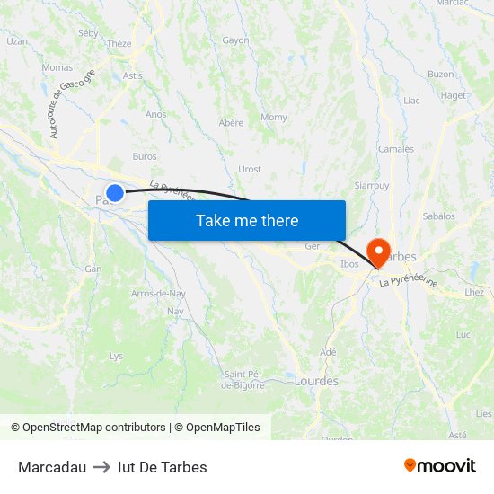 Marcadau to Iut De Tarbes map