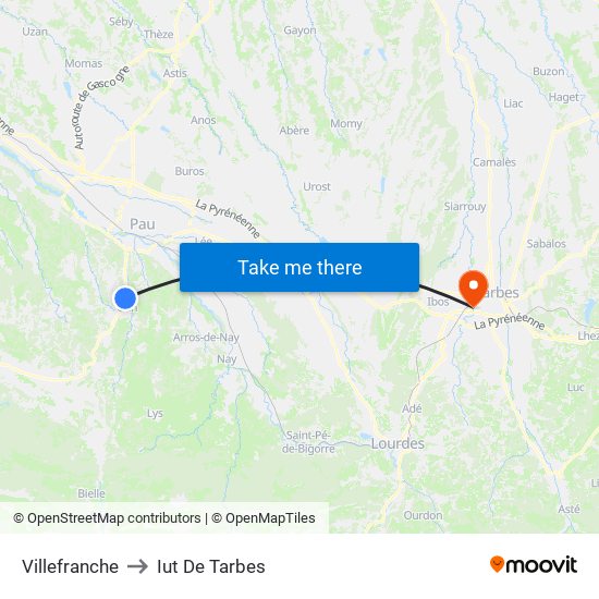 Villefranche to Iut De Tarbes map