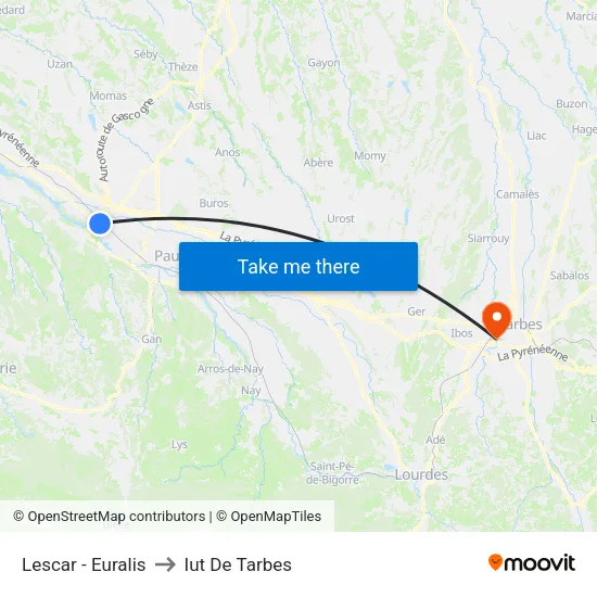 Lescar - Euralis to Iut De Tarbes map