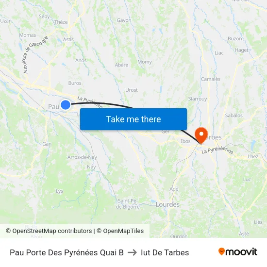 Pau Porte Des Pyrénées Quai B to Iut De Tarbes map