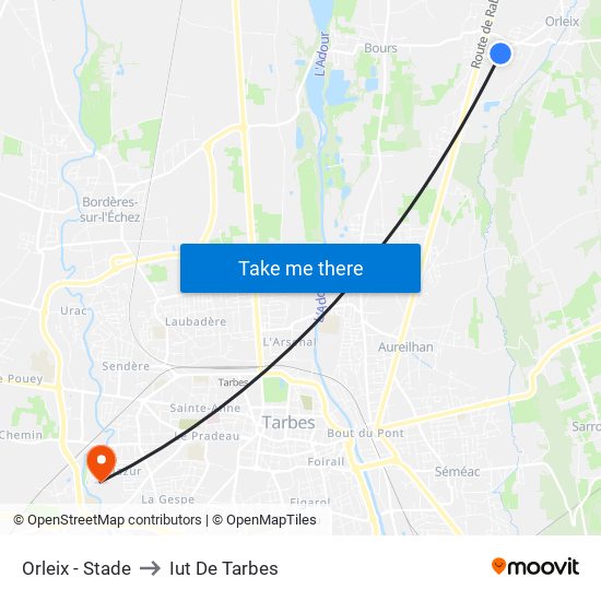 Orleix - Stade to Iut De Tarbes map