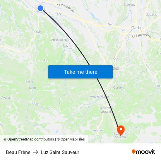 Beau Frêne to Luz Saint Sauveur map