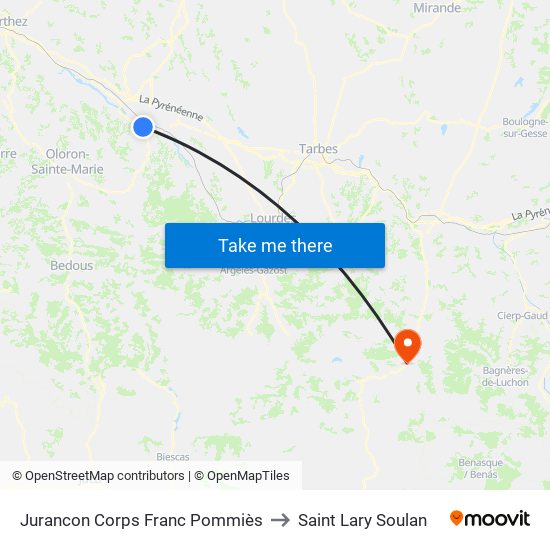 Jurancon Corps Franc Pommiès to Saint Lary Soulan map