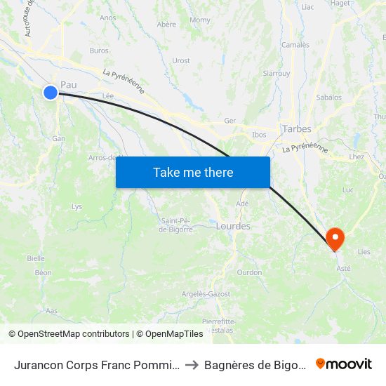 Jurancon Corps Franc Pommiès to Bagnères de Bigorre map