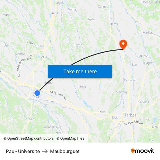 Pau - Université to Maubourguet map