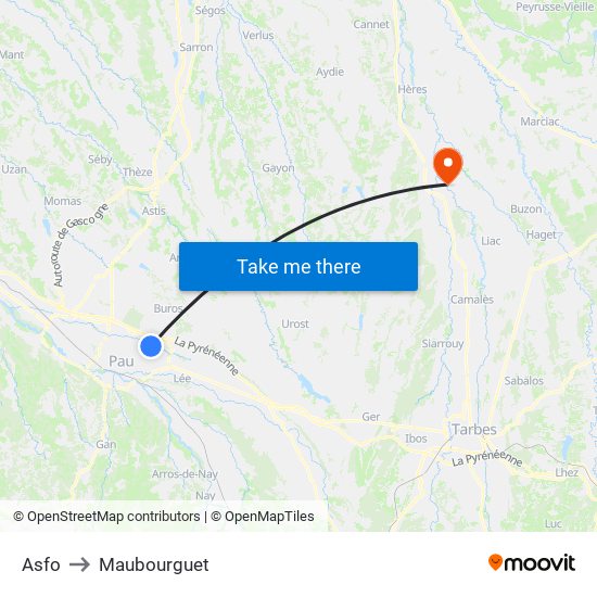 Asfo to Maubourguet map