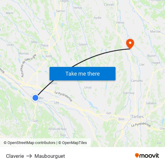 Claverie to Maubourguet map