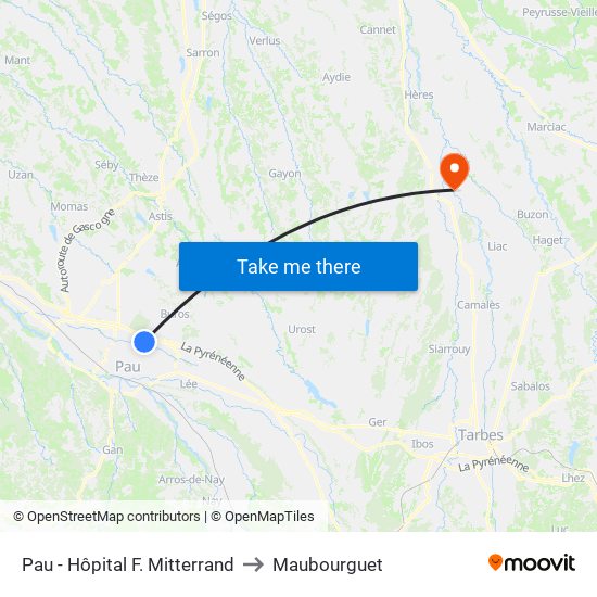 Pau - Hôpital F. Mitterrand to Maubourguet map