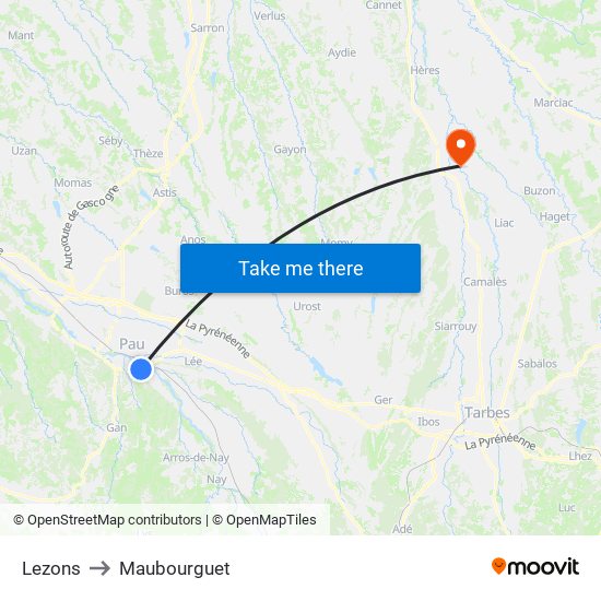 Lezons to Maubourguet map