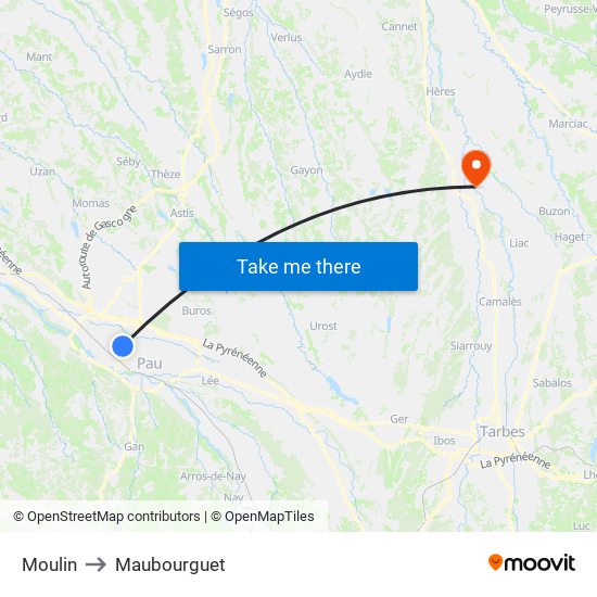 Moulin to Maubourguet map