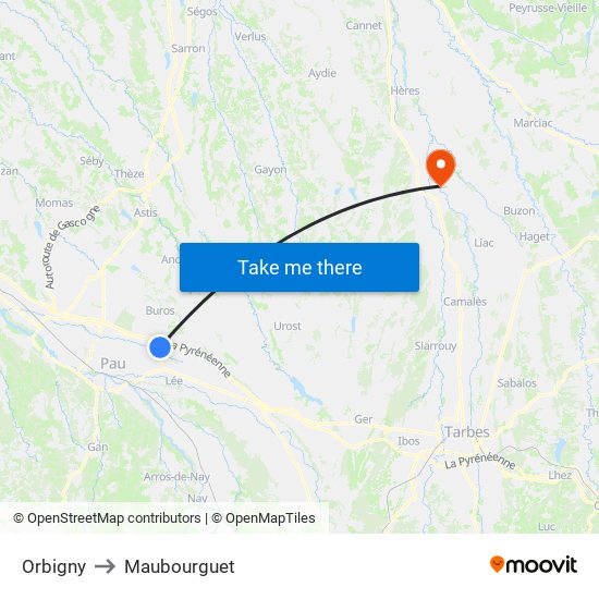Orbigny to Maubourguet map