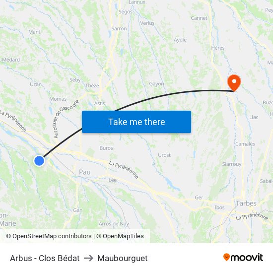 Arbus - Clos Bédat to Maubourguet map