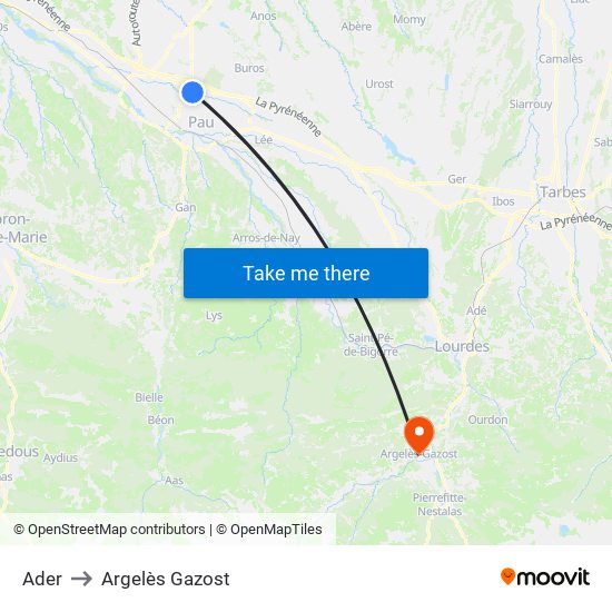 Ader to Argelès Gazost map