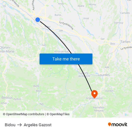 Bidou to Argelès Gazost map