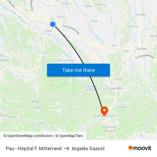 Pau - Hôpital F. Mitterrand to Argelès Gazost map