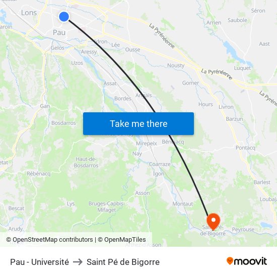 Pau - Université to Saint Pé de Bigorre map