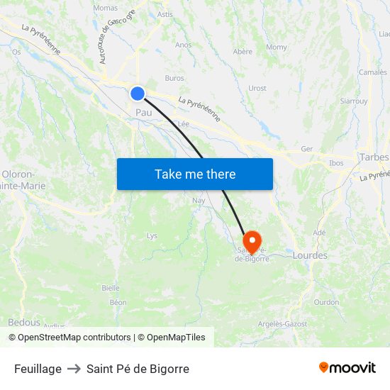 Feuillage to Saint Pé de Bigorre map