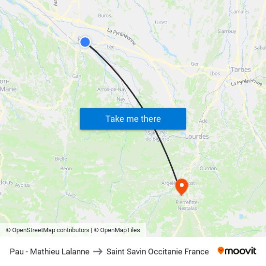 Pau - Mathieu Lalanne to Saint Savin Occitanie France map