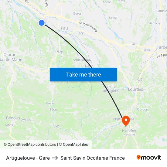 Artiguelouve - Gare to Saint Savin Occitanie France map