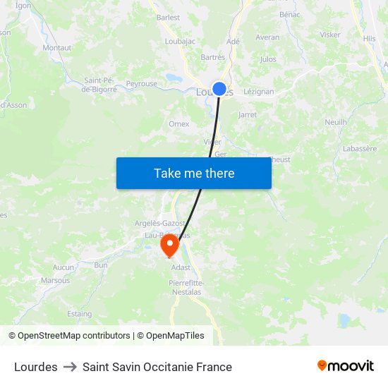 Lourdes to Saint Savin Occitanie France map