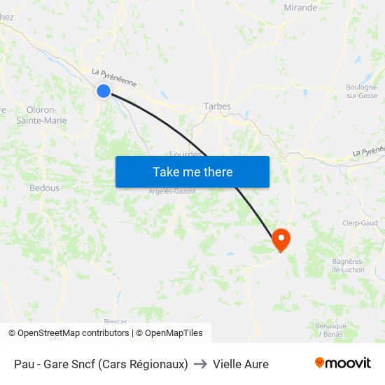 Pau - Gare Sncf (Cars Régionaux) to Vielle Aure map