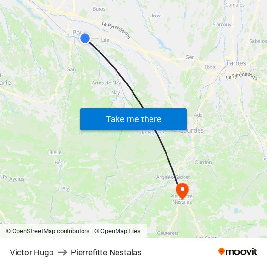 Victor Hugo to Pierrefitte Nestalas map