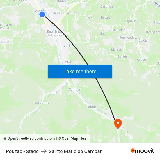 Pouzac - Stade to Sainte Marie de Campan map
