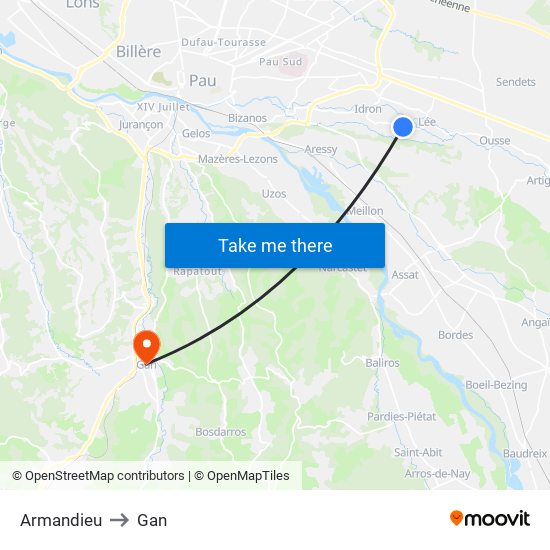 Armandieu to Gan map